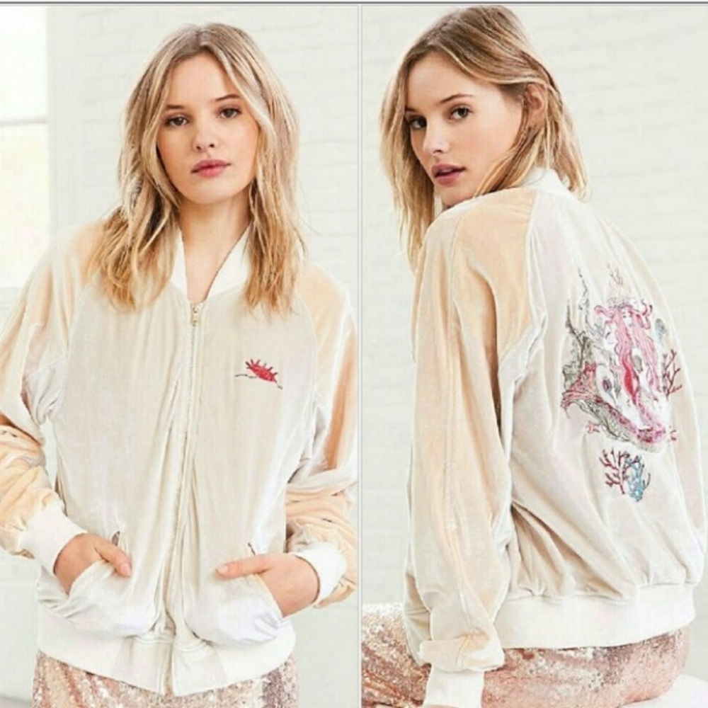 Urban Outfitters Cream Velvet Embroidered Bomber Jacket
